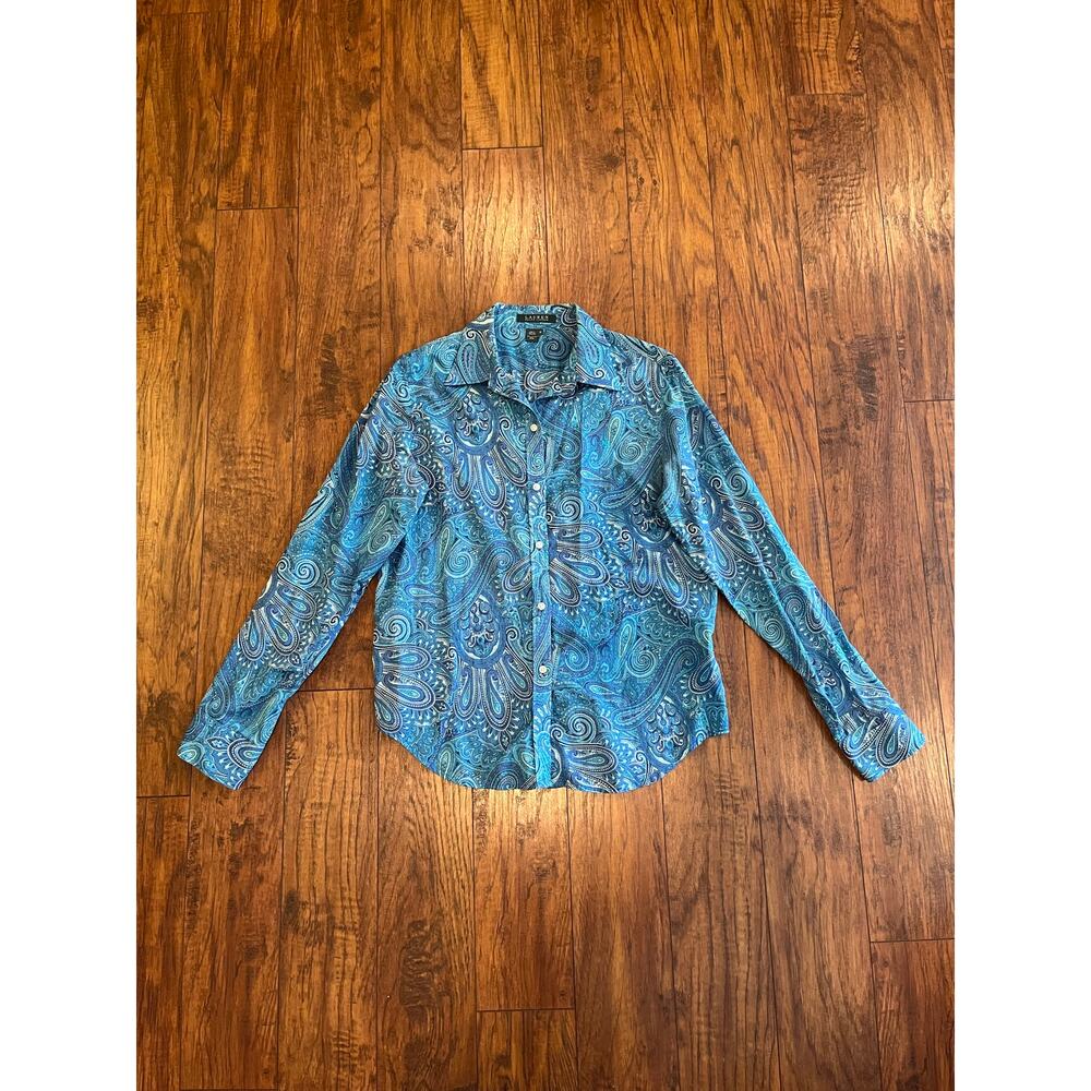 Ralph Lauren Women’s Blue White Paisley Shirt Long Sleeve Collared Button Up Med
